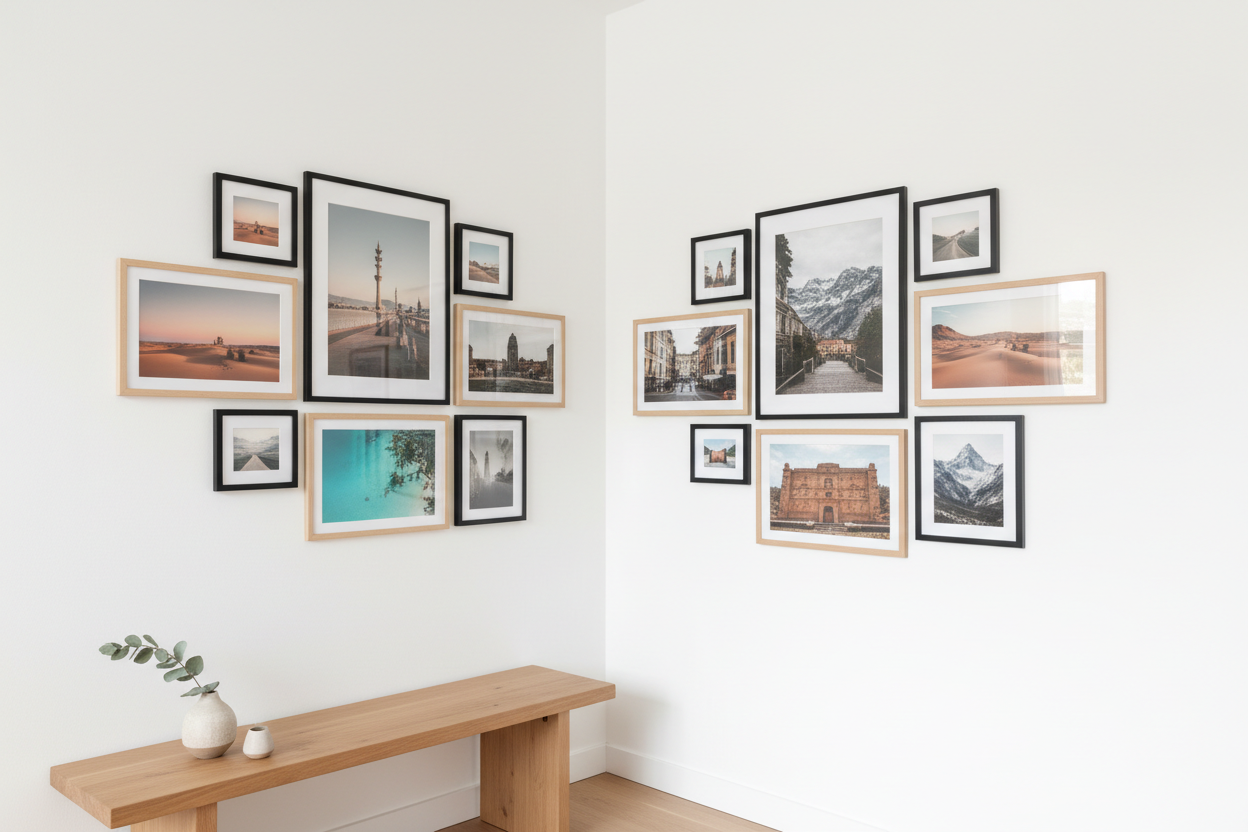collage di cornici come da prodotti con foto di viaggi su un angolo di una parete in stile minimalista