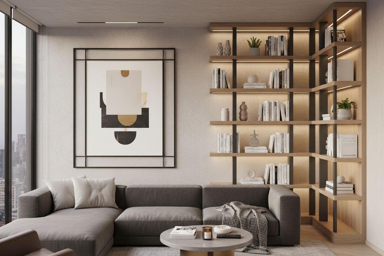 parete di un salotto con una cornice moderna con libreria ad angolo