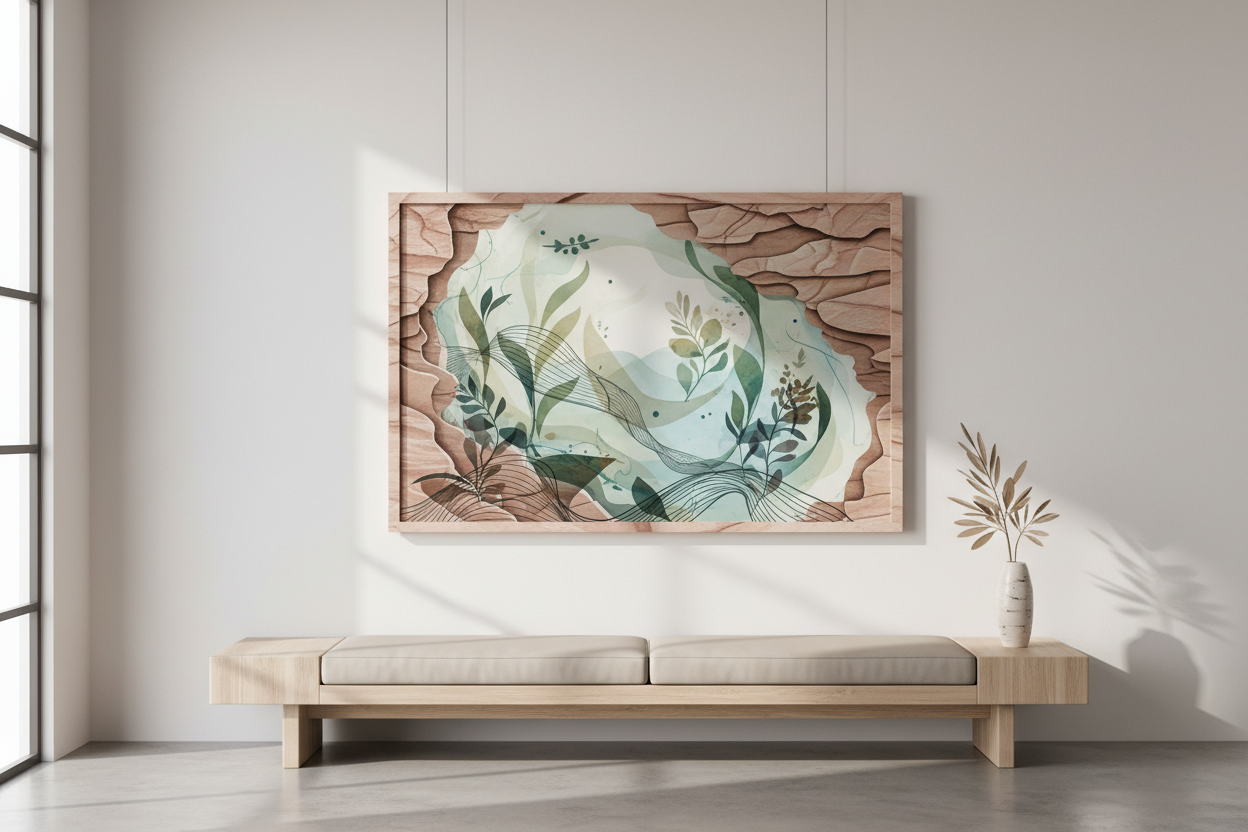 Riproduci cornice Petra con immagine di Natura stilizzata sopra una panca in stile moderno